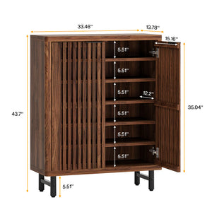 English Elm Wooden Louvered Shoe Cabinet Dark Walnut Finish Entryway Storage Six Shelf T3971P453463
