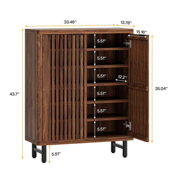 English Elm Wooden Louvered Shoe Cabinet Dark Walnut Finish Entryway Storage Six Shelf T3971P453463