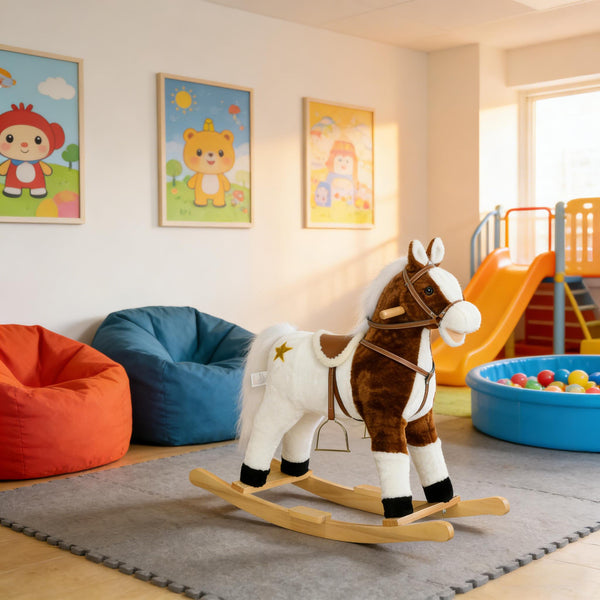 English Elm Rocking Horse Plush Ride on Toy with Music Soft Padded Body for Kids Playroom Fun T3971P442268
