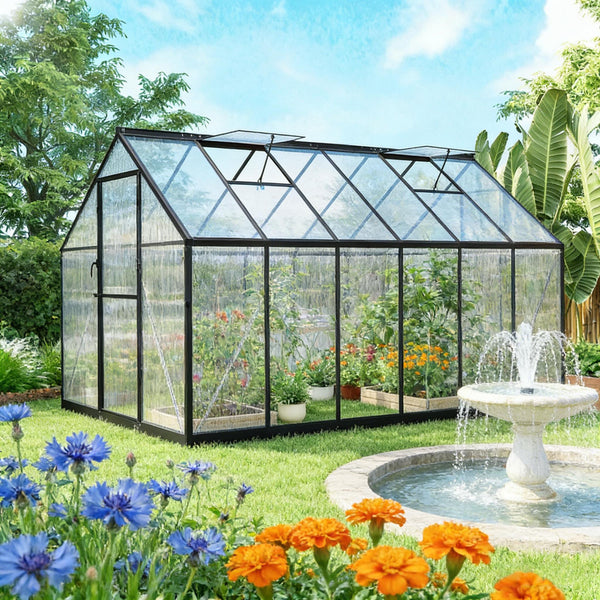 English Elm Walk-in Aluminum Greenhouse with Polycarbonate Panels and Dual Roof Vents for Year-round Growth T3971P455072
