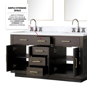 English Elm Brown Oak Double Bath Vanity With Carrara Marble Top & Chrome Faucets - Elegant Storage Solution B2731S01793