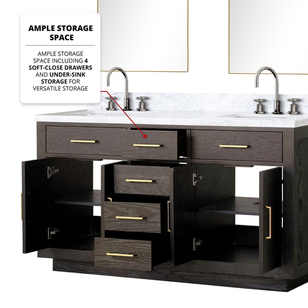 English Elm Brown Oak Double Bath Vanity With Carrara Marble Top & Chrome Faucets - Elegant Storage Solution B2731S01793