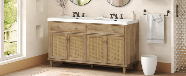 English Elm Christopher Knight Home® - 60 Inch Bathroom Vanity with Double Sinks SMC, Rattan Doors, Soft-Close Drawers, Stable Pine Legs Wood N817P296140N