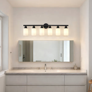 English Elm 6-light Matte Black Linear Wall Sconce White Glass Shades for Bedroom or Vanity W5008P389852