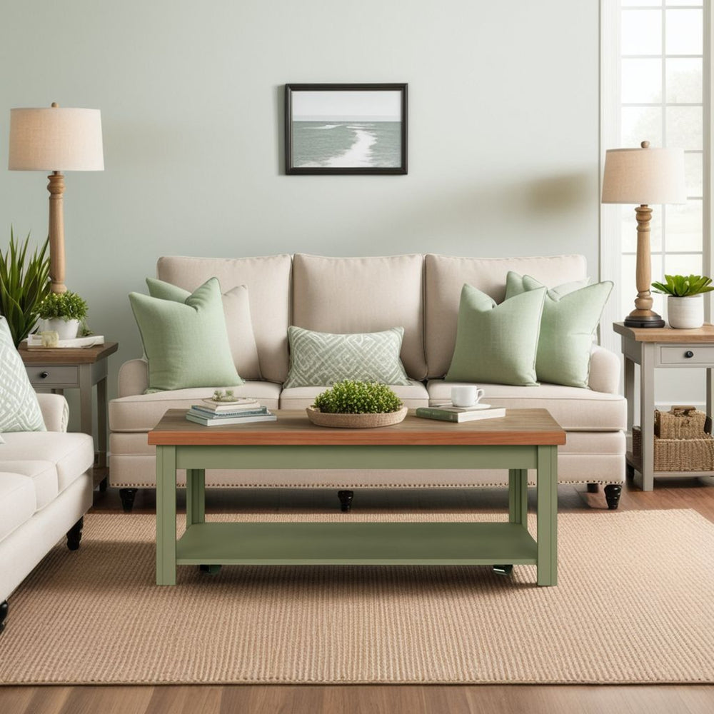 English Elm 48 Rustic Sage Green Coffee Table 48" Two-Tone Fruitwood Finish, Poplar & Alder, Fully Assembled on Casters B108P160214