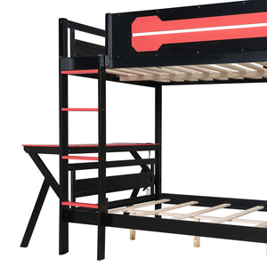 English Elm Full Size Gaming Bunk Bed with Dual Desks Usb Charging Ports and Pegboard Storage Red LT000274AAR