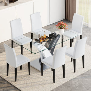 English Elm Table And Chair Set – Modern Glass Top Dining Table With 6 White Pu Chairs For Stylish Comfort W1151S03811-GIGA