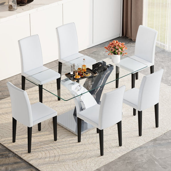 English Elm Table And Chair Set – Modern Glass Top Dining Table With 6 White Pu Chairs For Stylish Comfort W1151S03811-GIGA