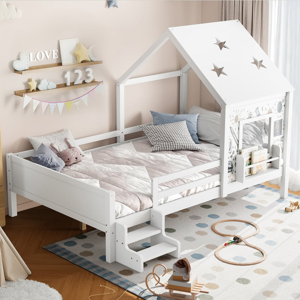 English Elm Full Bunk Bed with Trundle Bookshelf Storage Pine Frame Car Design for Kids Light White W1580S00295