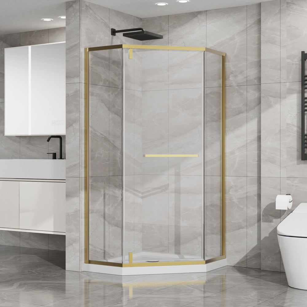 English Elm Goodyo Neo-angle Corner Shower Enclosure Gold Frame Tempered Glass with Acrylic Base W1223S00042