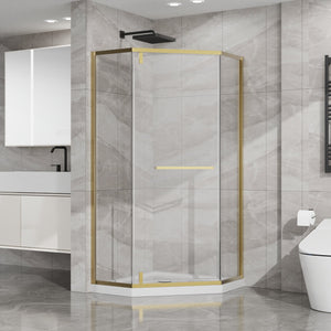 English Elm Goodyo Neo-angle Corner Shower Enclosure Gold Frame Tempered Glass with Acrylic Base W1223S00042