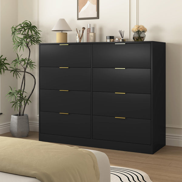 English Elm 8 Drawer Tall Chest Slim Particleboard Build Smooth Gliding Storage for Bedroom Closet Black W409S00027