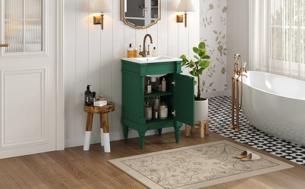 English Elm 18-Inch Modern Bathroom Vanity with Sink Compact Retro Design Durable MDF & Solid Wood Legs Storage-Friendly Green N710P257401F