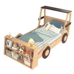 English Elm Twin Pine Treehouse Floor Bed with Padded Rails and Cabin Roofline for Kids W1580S00472
