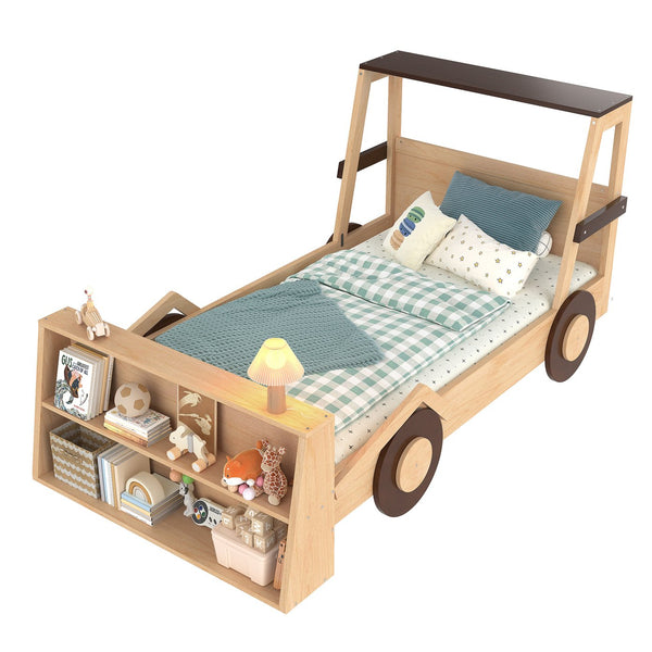English Elm Twin Pine Treehouse Floor Bed with Padded Rails and Cabin Roofline for Kids W1580S00472