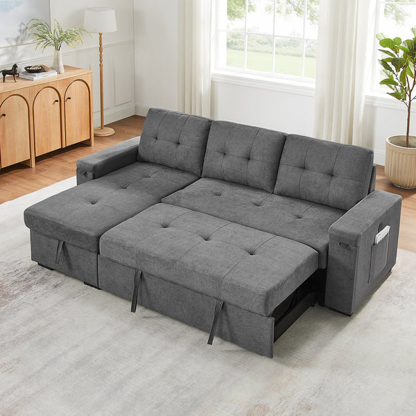 English Elm Toby Woven Fabric Sleeper Sectional with Storage Chaise Usb Ports and Coil Support Gray B061S00956