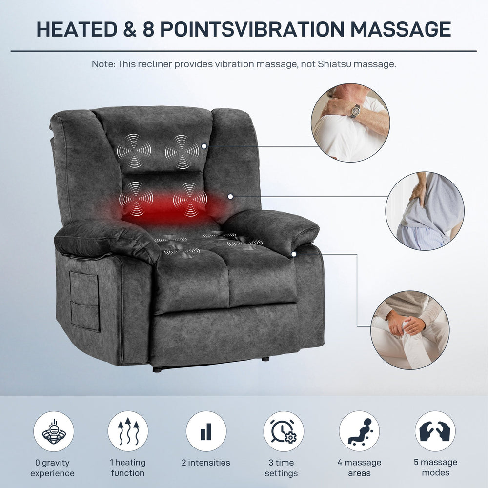 English Elm Living Space Massage Recliner Chair with Lumbar Heat Vibration and Full Body Support Grey W1403P457321