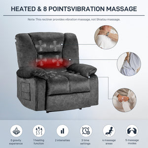 English Elm Living Space Massage Recliner Chair with Lumbar Heat Vibration and Full Body Support Grey W1403P457321