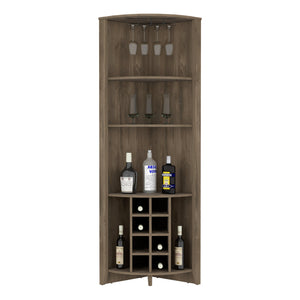 English Elm Corner Bar Cabinet with Ten Built-In Wine Slots, Cup Rack & Spacious Top Shelf for Entertaining Brown 75.2 L x 24.02 W x 3.15 H B097S00148