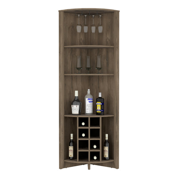 English Elm Corner Bar Cabinet with Ten Built-In Wine Slots, Cup Rack & Spacious Top Shelf for Entertaining Brown 75.2 L x 24.02 W x 3.15 H B097S00148