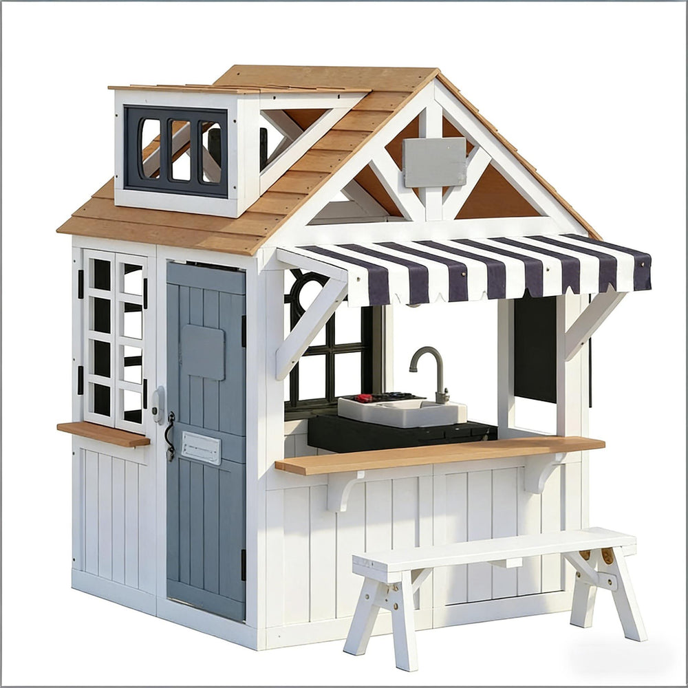 English Elm Comfortable Solid Fir Wood Outdoor Playhouse with Stove Blackboard and Doorbell T3971P491773