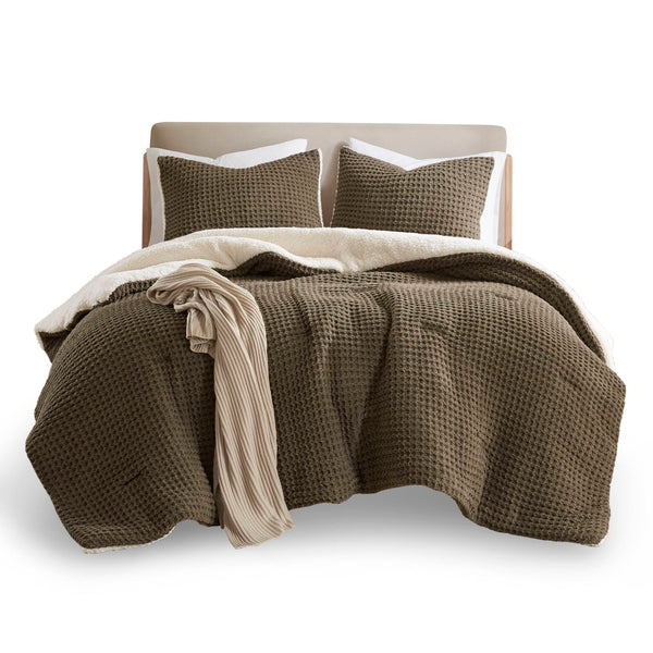 English Elm Waffle Soft Chenille Comforter Set Twin with Ivory Sherpa Reverse, Hypoallergenic Down-Alternative Fill Brown 21.26 L x 21.26 W x 17.72 H B035P294137