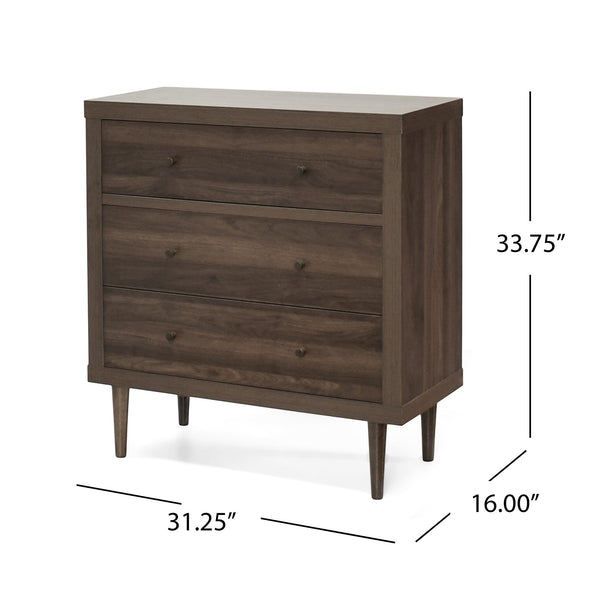 English Elm Christopher Knight Home® - NORDIC Mid-Century 3-Drawer Chest with Faux Wood Finish, Rubberwood Legs and Sleek Storage Appeal Walnut 71144.00WALN