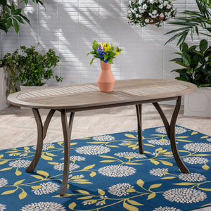 English Elm Acacia Wood Oval Outdoor Dining Table Weathered Gray Slatted Top Seats Six 62917.00GRY