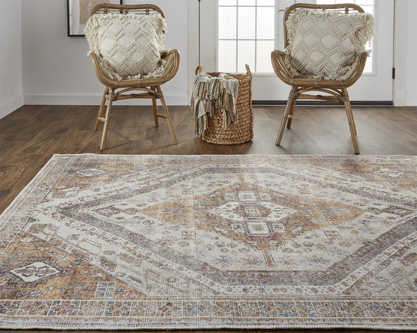 Feizy Rugs Percy Transitional Medallion Rug - Durable Machine Washable Design With Timeless Distressed Charm Ivory,Orange,Brown Polyester,Cotton,Viscose Prc39anftan000e76