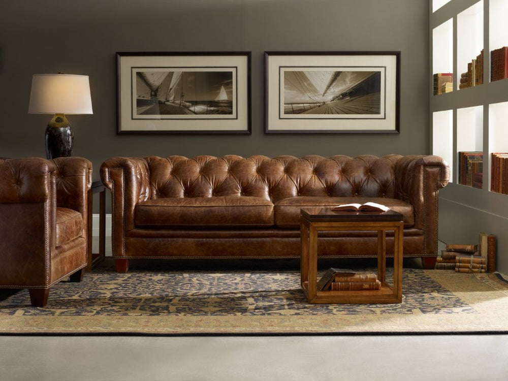 Hooker Furniture Chester Vintage Tufted Leather Sofa In Malawi Tonga Aniline Top-Grain Leather, Nailhead Trim, 94.5" SS195-03-087