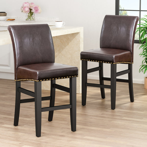 English Elm Christopher Knight Home® - 25.5'' Upholstered Counter Stool Set of 2 in Brown Leather with Solid Wood Frame, Nailhead Trim, Cushioned Comfort 74506.00