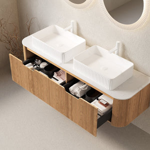 English Elm Dina 60 Inch Floating Bathroom Vanity Sintered Stone Top Dual Glass Basins Wood Grain Carrara White,Natural Wood,White W2615S00163