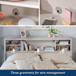 English Elm Full/Queen Bookcase Headboard White — Slim Engineered Wood, 2 Adjustable Shelves, Hidden Cord Access, Easy Assembly B356P402781