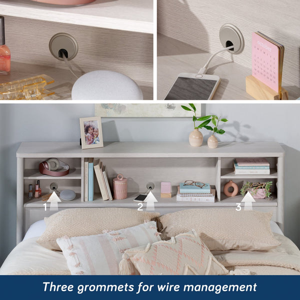 English Elm Full/Queen Bookcase Headboard White — Slim Engineered Wood, 2 Adjustable Shelves, Hidden Cord Access, Easy Assembly B356P402781