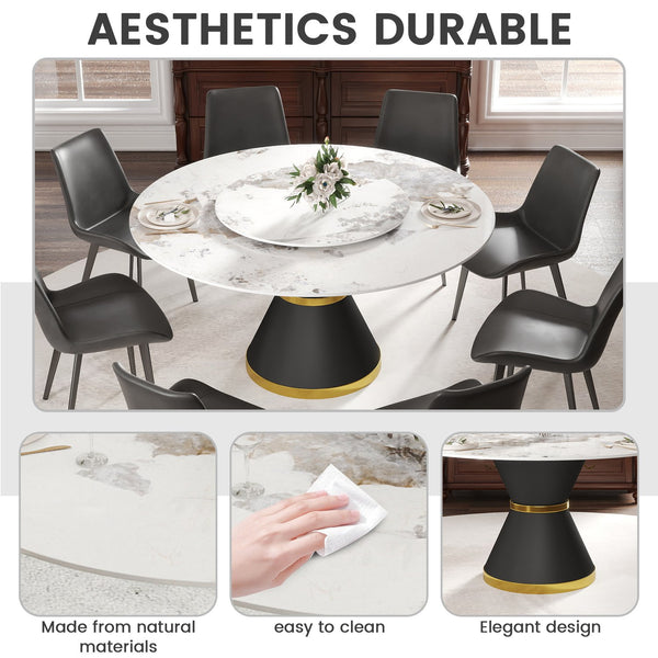 English Elm 59.05"Modern 59.05" Modern Round Dining Table With White Sintered Stone Top & Black Steel Base - Seats 6-8! W1535S00439
