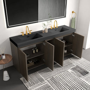 English Elm Galan 72 Inch Double Sink Vanity Fluted Wood Quartz Top Freestanding Bathroom Cabinet Oak,Smoke W1865S00229
