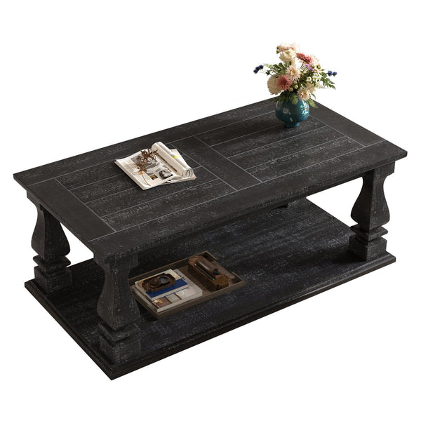 English Elm Farmhouse Coffee Table Solid Planked Wood with Open Shelf Square Baluster Living Room Antique Black W1445P362860