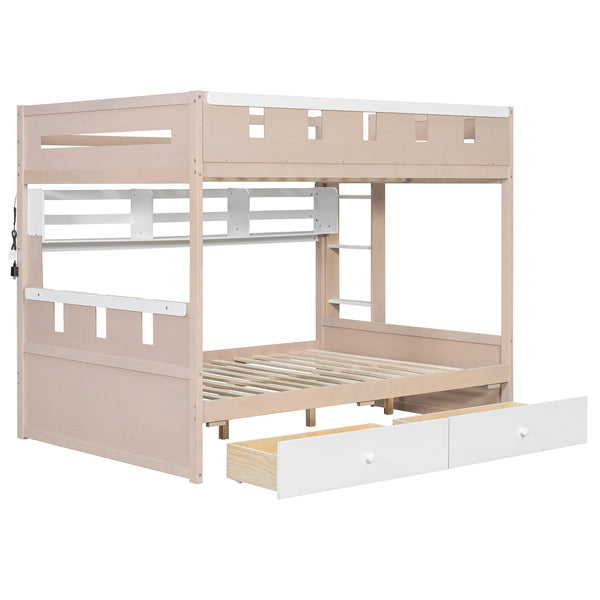 English Elm Full Size Castle Bunk Bed with Led Lighting Built in Shelf and Storage Drawers White LT000159AAK