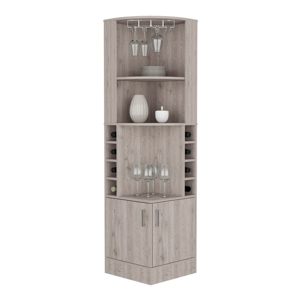 English Elm Corner Bar Cabinet - 71" Light Gray Storage Solution With Glass Holder, 8 Bottle Racks & Drawers B097132991