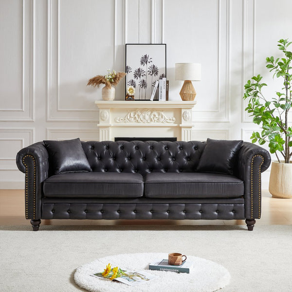 English Elm Fx Elegant Chesterfield 85.5" 3-Seater Sofa With Tech Fabric, Rolled Arms, Cushions For Any Space W1926S00035