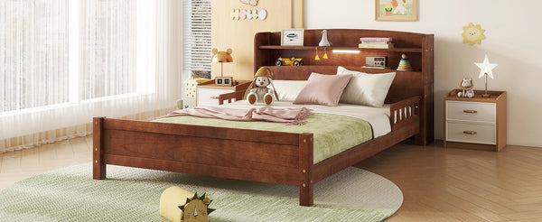 English Elm Full Pine Wood Bed with Bookcase Headboard, LED Motion Sensor, Guardrails & Ample Walnut Storage W504P281004