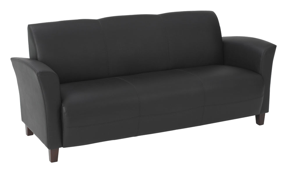 OSP Home Furnishings Black Bonded Leather Sofa with Tapered Arms and Cherry Legs for Modern Living Rooms SL2273EC3