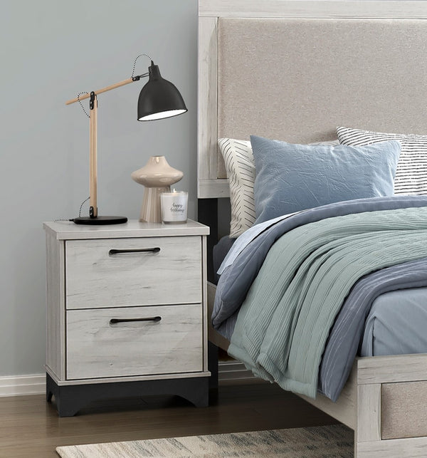 English Elm Contemporary Two-Tone White Oak & Gray 2-Drawer Nightstand with Black Bar Pulls, Fully Assembled, Modern B011P355267