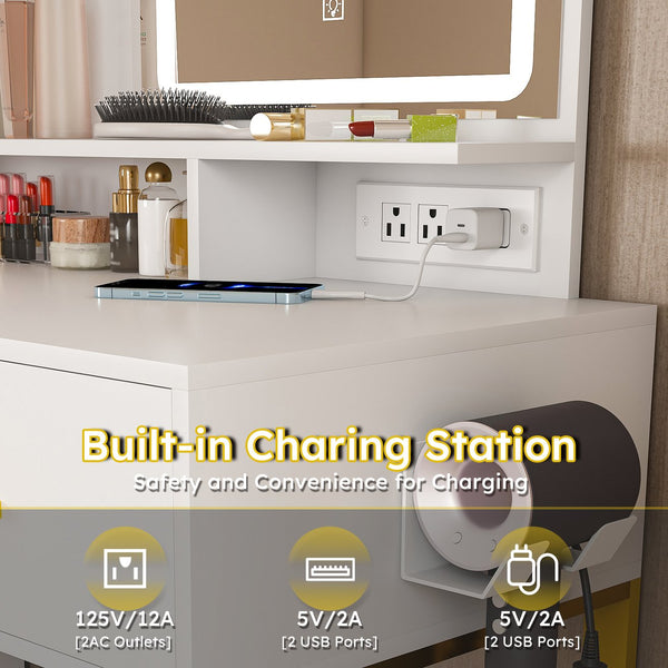 English Elm Makeup Vanity Table with LED Lights, 5 Drawers, Power Outlet & USB, Hair Dryer Rack, Sturdy White W509P293822