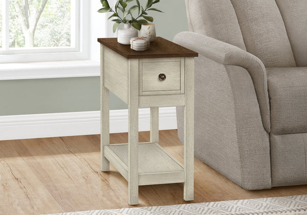 English Elm Accent Table, Two-Tier Narrow Design With Storage Drawer, Antique White & Brown Finish For Versatile Use B2710P219471