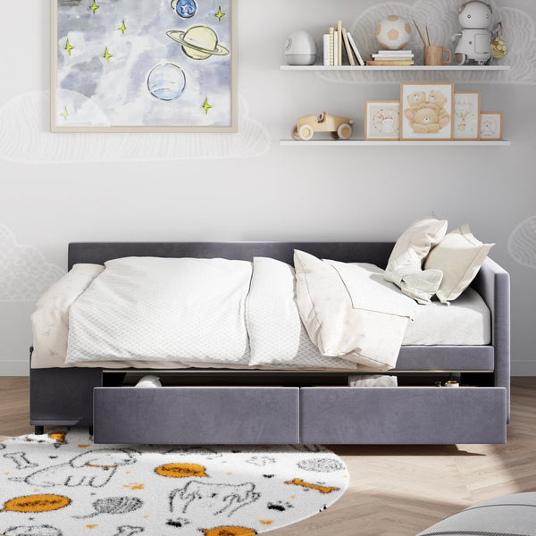 English Elm Twin Velvet L-Shaped Upholstered Platform Bed with Plush Headboard, Hidden Drawers & Cabinet Storage Gray SF000182AAE