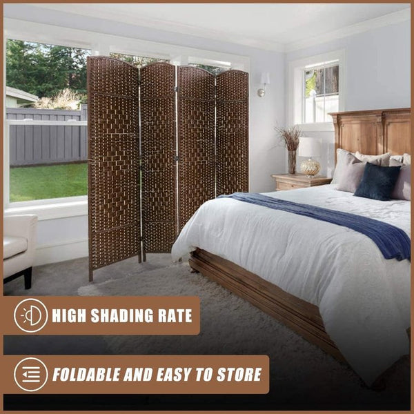 English Elm 4 Panel Room Divider Folding Screen Privacy Partition Wood Woven Panels Portable Rustic Room Splitter Walnut Brown W3198P299258