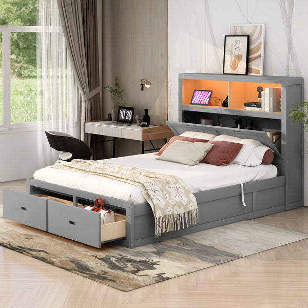English Elm Wood Queen Size Hydraulic Platform Bed with LED Headboard, Charging Station, Hidden Storage Drawers and Shelves Gray GX000372AAE