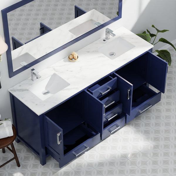 English Elm Navy Double Bath Vanity 72" W with 70" Mirror — Fully Assembled, 2 Cabinets, 6 Drawers, Shelf B2731S00521