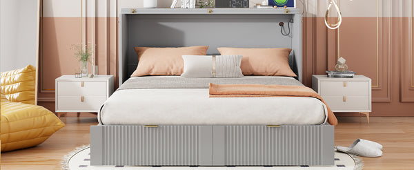 English Elm Full Size Wall Murphy Bed Cabinet with Usb Ports Drawer and Pulley Lift Gray Finish LP100770AAE